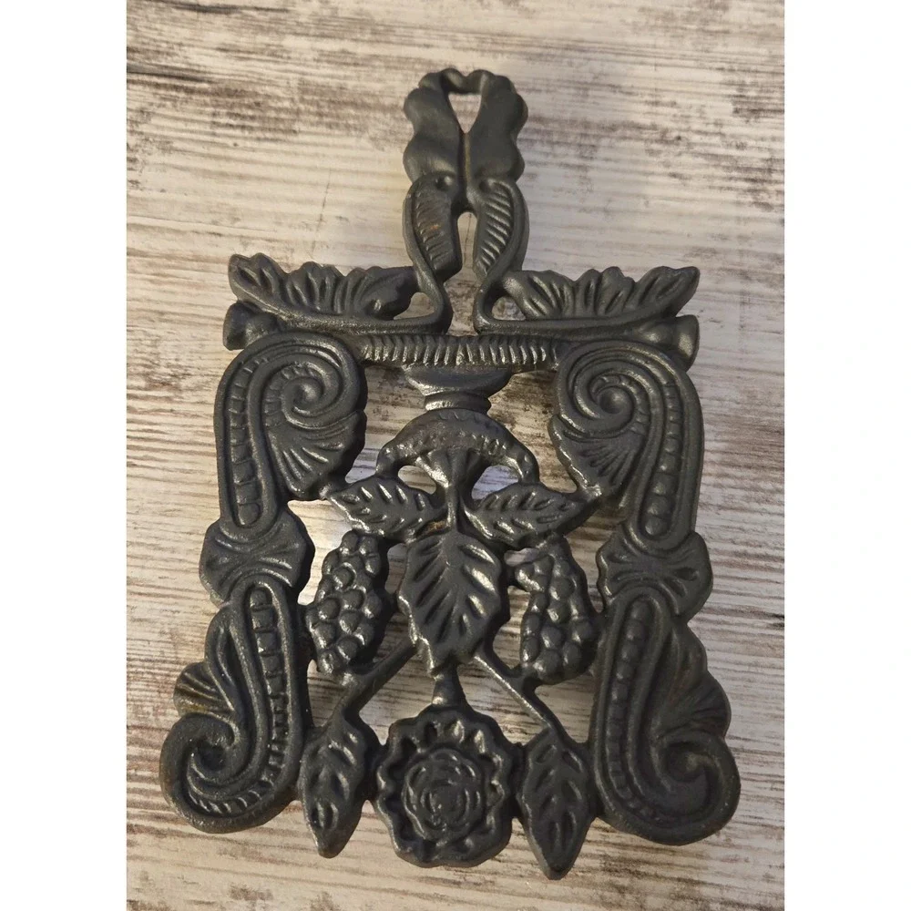 Set of 2 Vintage Cast Iron Trivets Floral Scrollwork Grape Rose Design 103 Black